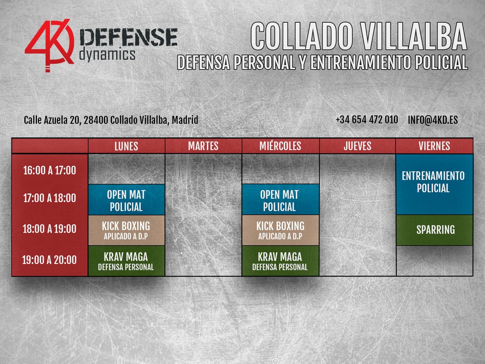 Tabla Horarios Krav maga kick boxing y entrenamiento policial