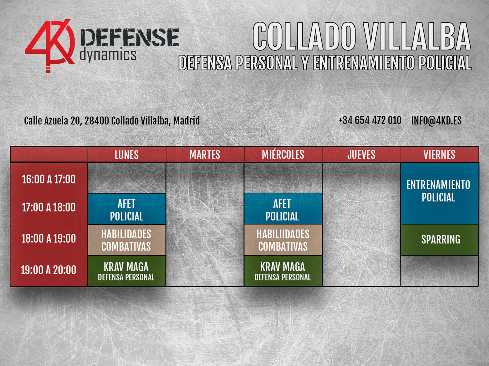 Tabla Horarios Krav maga kick boxing y entrenamiento policial