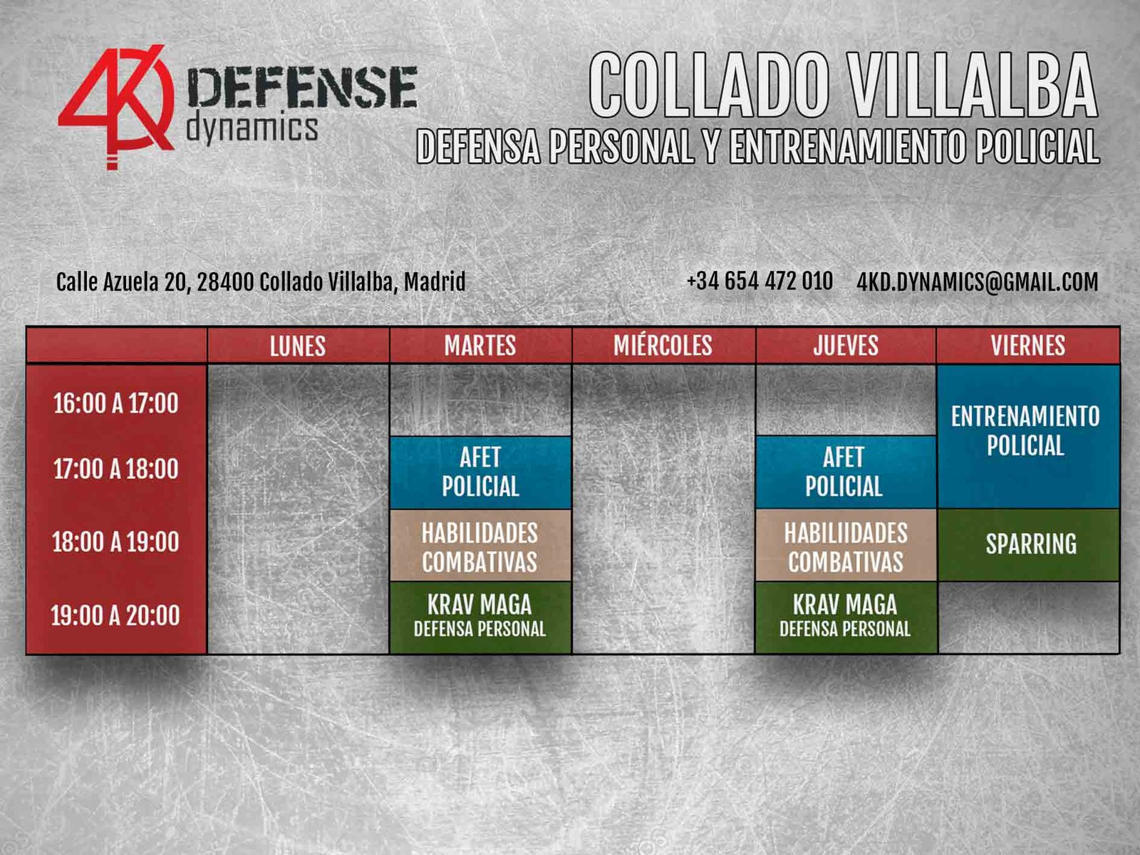 Tabla Horarios Krav maga kick boxing y entrenamiento policial